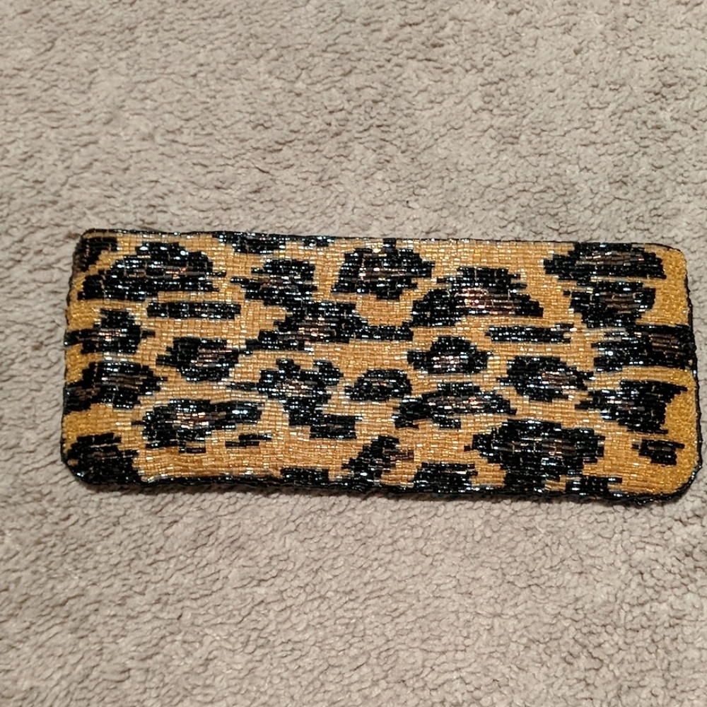 Beaded leopard clutch